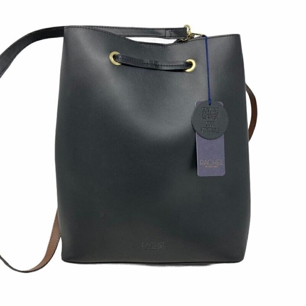 Rachel Roy Womens Bucket Bag Black Leather Magnetic Snap Drawstring Sling NEW